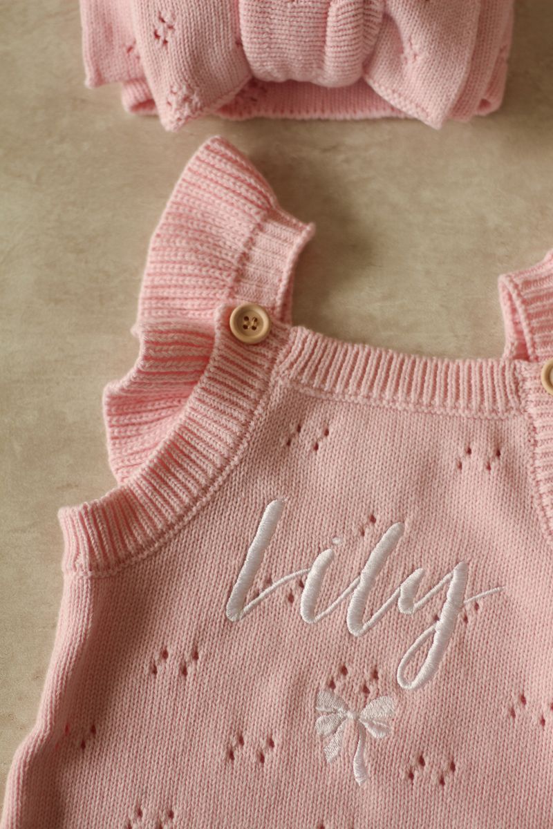 Pointelle frill romper - soft rose