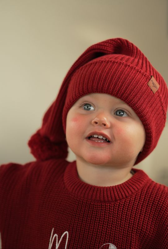 Knit lang nisselue - cranberry